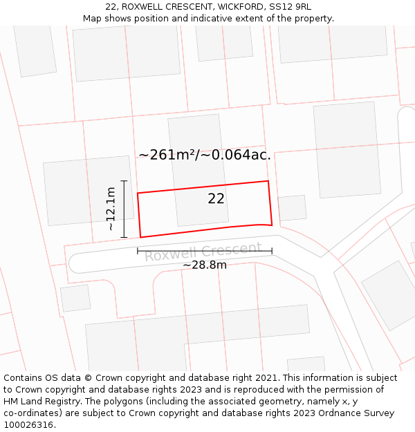 22, ROXWELL CRESCENT, WICKFORD, SS12 9RL: Plot and title map