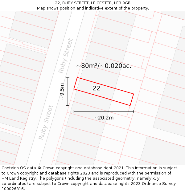 22, RUBY STREET, LEICESTER, LE3 9GR: Plot and title map