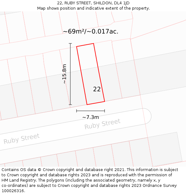 22, RUBY STREET, SHILDON, DL4 1JD: Plot and title map