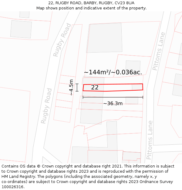 22, RUGBY ROAD, BARBY, RUGBY, CV23 8UA: Plot and title map