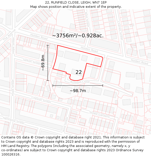 22, RUNFIELD CLOSE, LEIGH, WN7 1EP: Plot and title map