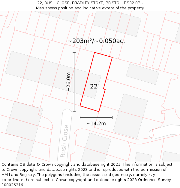 22, RUSH CLOSE, BRADLEY STOKE, BRISTOL, BS32 0BU: Plot and title map