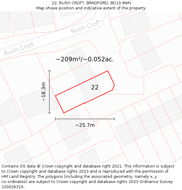 22, RUSH CROFT, BRADFORD, BD10 8WN: Plot and title map