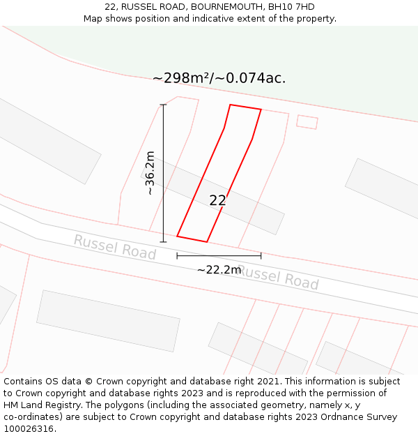 22, RUSSEL ROAD, BOURNEMOUTH, BH10 7HD: Plot and title map
