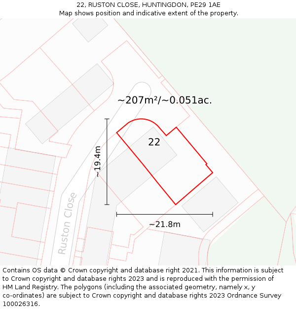 22, RUSTON CLOSE, HUNTINGDON, PE29 1AE: Plot and title map