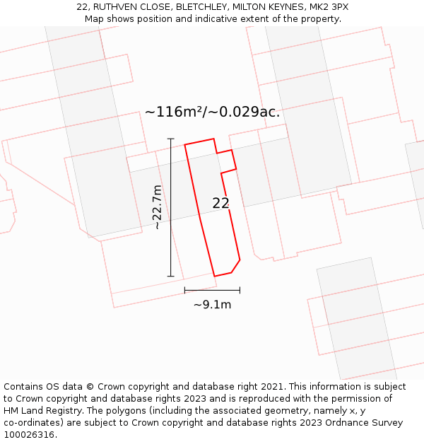 22, RUTHVEN CLOSE, BLETCHLEY, MILTON KEYNES, MK2 3PX: Plot and title map