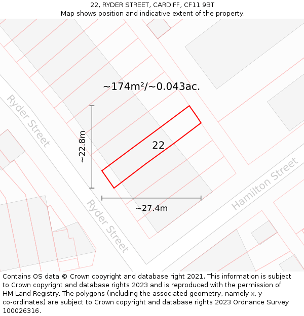 22, RYDER STREET, CARDIFF, CF11 9BT: Plot and title map