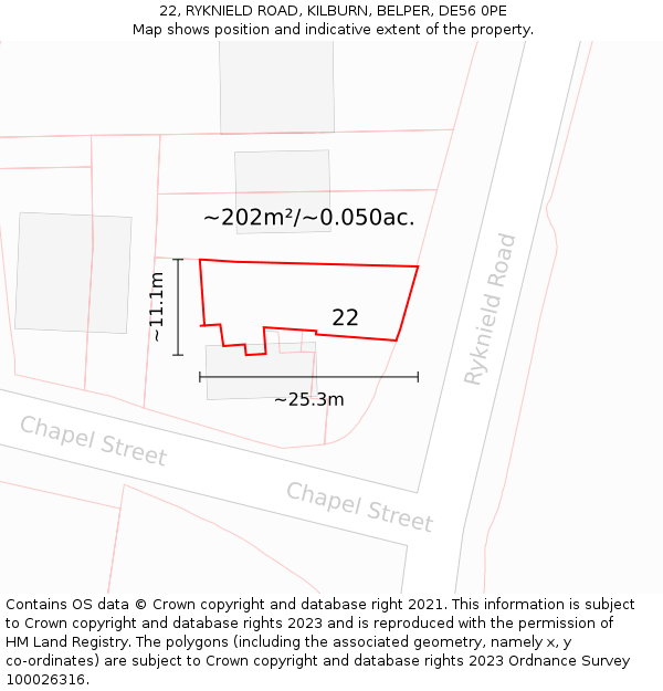 22, RYKNIELD ROAD, KILBURN, BELPER, DE56 0PE: Plot and title map