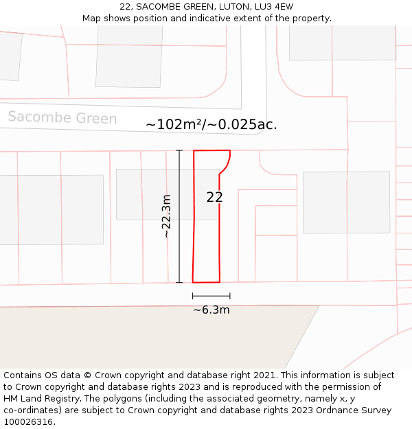 22, SACOMBE GREEN, LUTON, LU3 4EW: Plot and title map