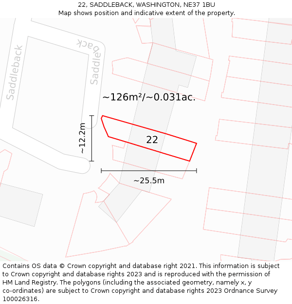 22, SADDLEBACK, WASHINGTON, NE37 1BU: Plot and title map