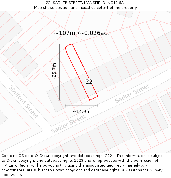 22, SADLER STREET, MANSFIELD, NG19 6AL: Plot and title map