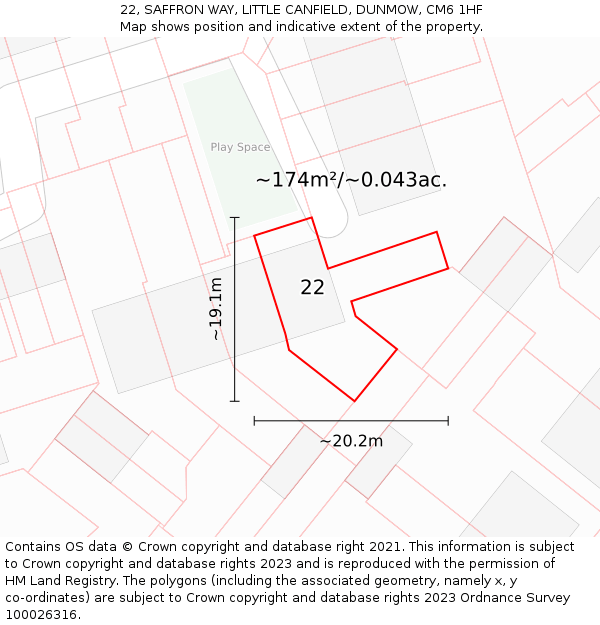 22, SAFFRON WAY, LITTLE CANFIELD, DUNMOW, CM6 1HF: Plot and title map