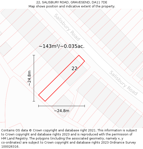 22, SALISBURY ROAD, GRAVESEND, DA11 7DE: Plot and title map