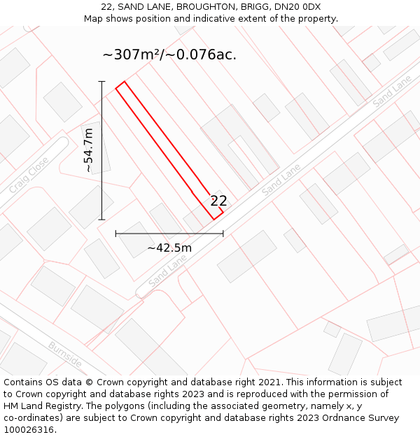 22, SAND LANE, BROUGHTON, BRIGG, DN20 0DX: Plot and title map