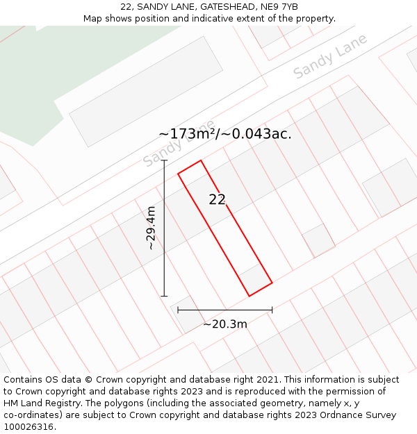22, SANDY LANE, GATESHEAD, NE9 7YB: Plot and title map
