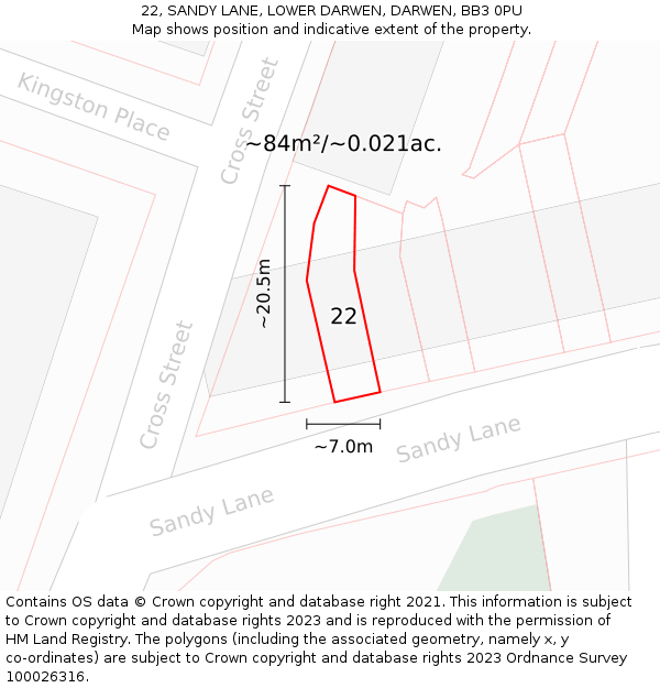 22, SANDY LANE, LOWER DARWEN, DARWEN, BB3 0PU: Plot and title map