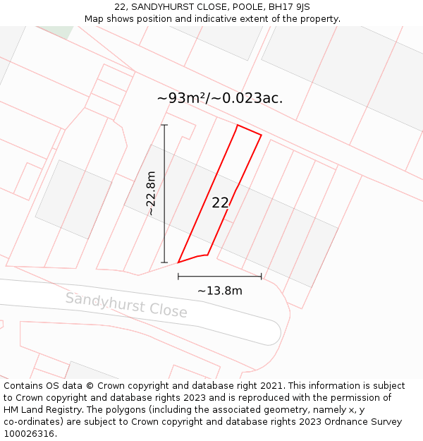 22, SANDYHURST CLOSE, POOLE, BH17 9JS: Plot and title map