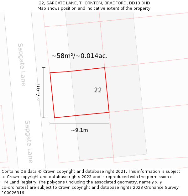 22, SAPGATE LANE, THORNTON, BRADFORD, BD13 3HD: Plot and title map