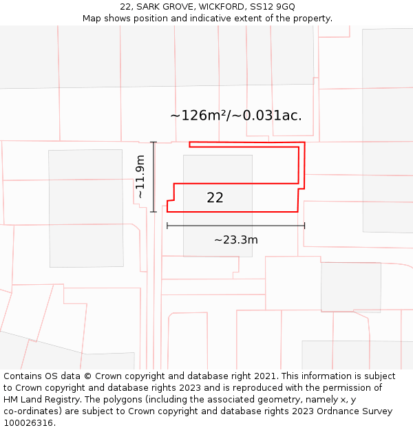 22, SARK GROVE, WICKFORD, SS12 9GQ: Plot and title map
