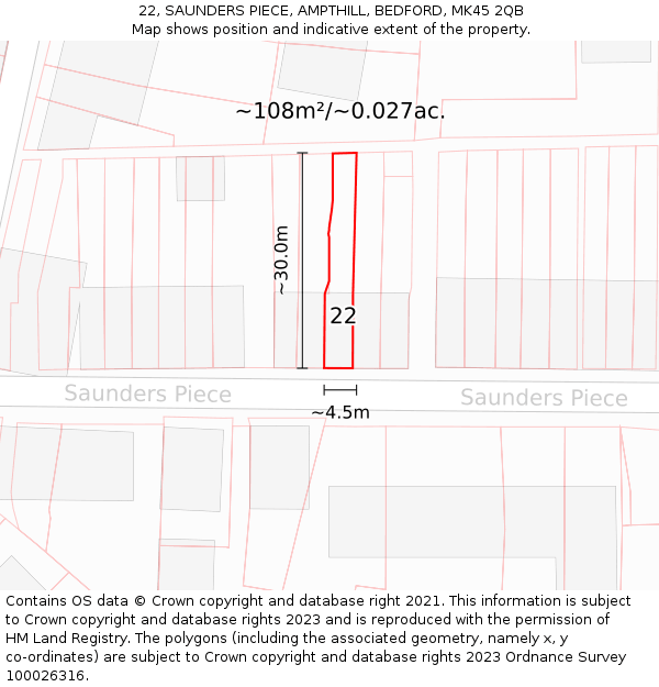22, SAUNDERS PIECE, AMPTHILL, BEDFORD, MK45 2QB: Plot and title map