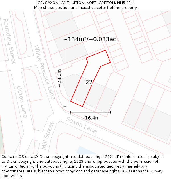 22, SAXON LANE, UPTON, NORTHAMPTON, NN5 4FH: Plot and title map