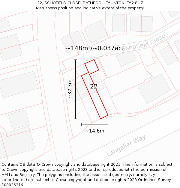 22, SCHOFIELD CLOSE, BATHPOOL, TAUNTON, TA2 8UZ: Plot and title map