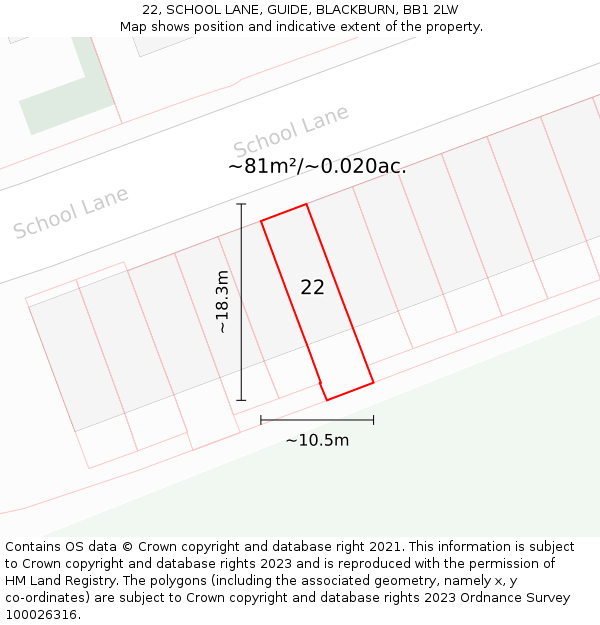 22, SCHOOL LANE, GUIDE, BLACKBURN, BB1 2LW: Plot and title map