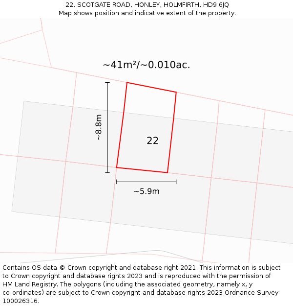 22, SCOTGATE ROAD, HONLEY, HOLMFIRTH, HD9 6JQ: Plot and title map