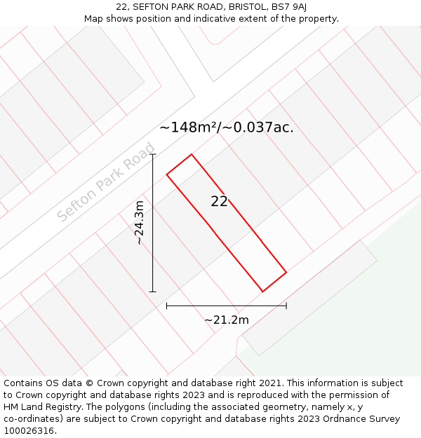 22, SEFTON PARK ROAD, BRISTOL, BS7 9AJ: Plot and title map