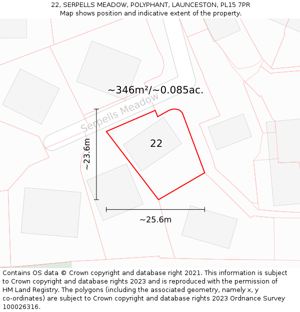 22, SERPELLS MEADOW, POLYPHANT, LAUNCESTON, PL15 7PR: Plot and title map