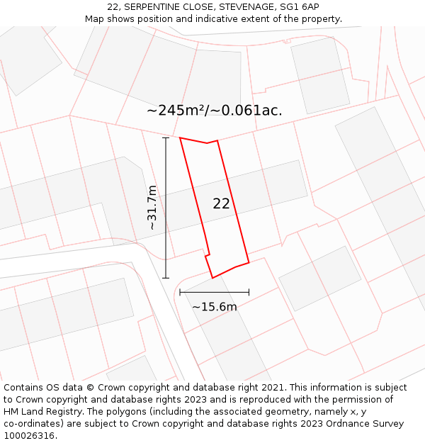 22, SERPENTINE CLOSE, STEVENAGE, SG1 6AP: Plot and title map