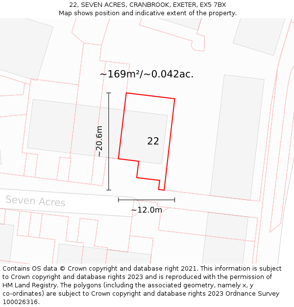 22, SEVEN ACRES, CRANBROOK, EXETER, EX5 7BX: Plot and title map