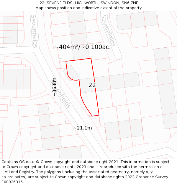 22, SEVENFIELDS, HIGHWORTH, SWINDON, SN6 7NF: Plot and title map