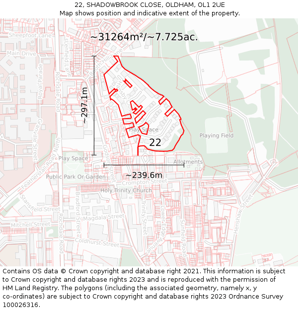 22, SHADOWBROOK CLOSE, OLDHAM, OL1 2UE: Plot and title map