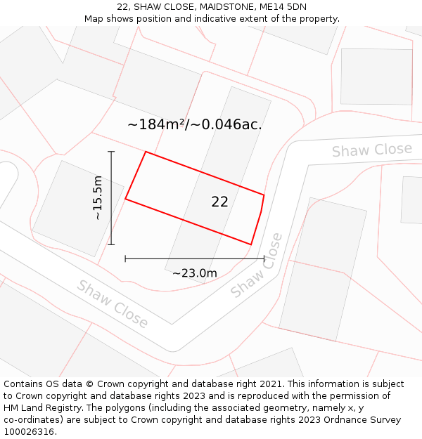 22, SHAW CLOSE, MAIDSTONE, ME14 5DN: Plot and title map