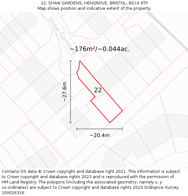 22, SHAW GARDENS, HENGROVE, BRISTOL, BS14 9TP: Plot and title map