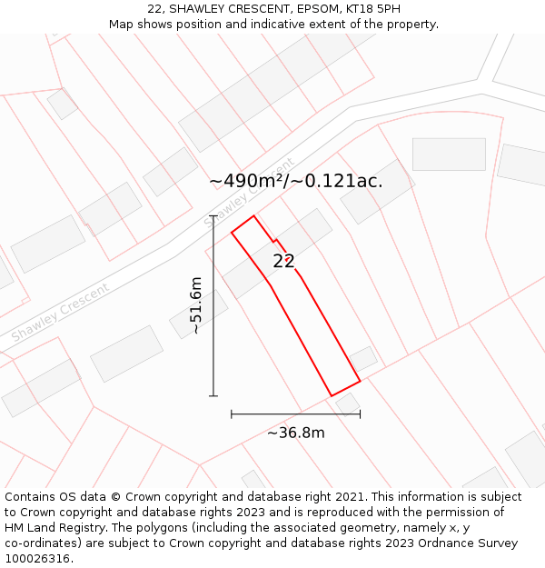 22, SHAWLEY CRESCENT, EPSOM, KT18 5PH: Plot and title map