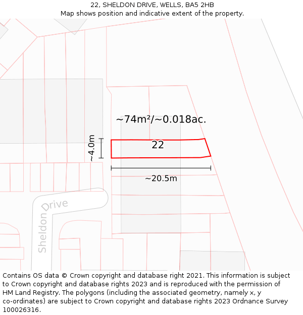 22, SHELDON DRIVE, WELLS, BA5 2HB: Plot and title map