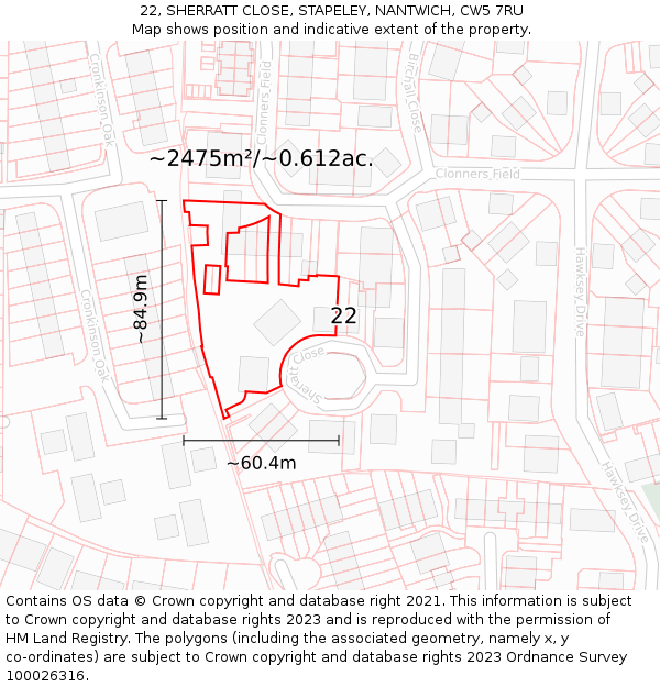 22, SHERRATT CLOSE, STAPELEY, NANTWICH, CW5 7RU: Plot and title map