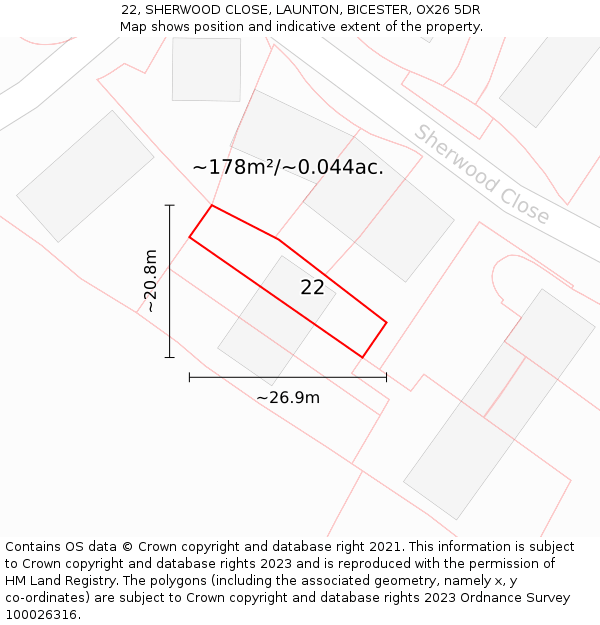 22, SHERWOOD CLOSE, LAUNTON, BICESTER, OX26 5DR: Plot and title map