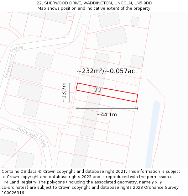 22, SHERWOOD DRIVE, WADDINGTON, LINCOLN, LN5 9DD: Plot and title map