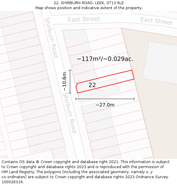 22, SHIRBURN ROAD, LEEK, ST13 6LE: Plot and title map