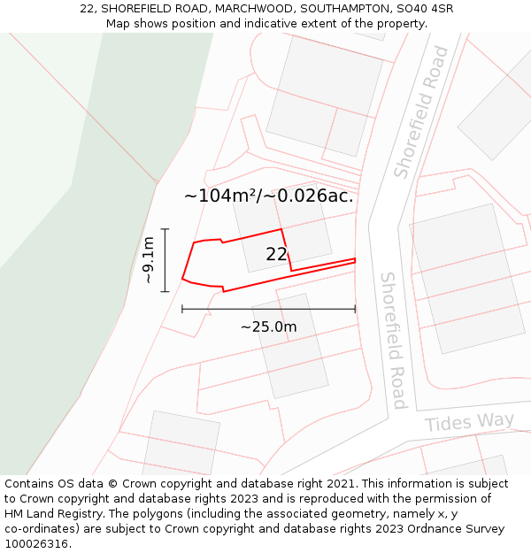 22, SHOREFIELD ROAD, MARCHWOOD, SOUTHAMPTON, SO40 4SR: Plot and title map