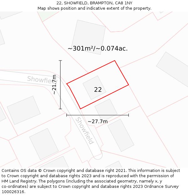 22, SHOWFIELD, BRAMPTON, CA8 1NY: Plot and title map
