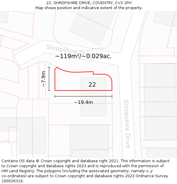 22, SHROPSHIRE DRIVE, COVENTRY, CV3 1PH: Plot and title map