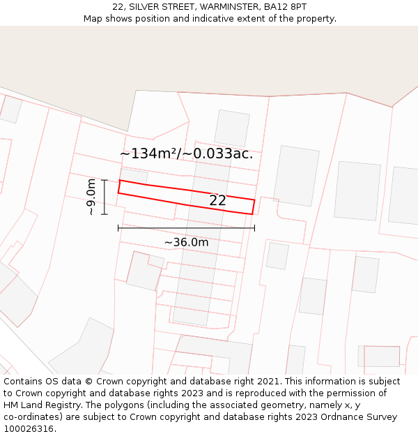 22, SILVER STREET, WARMINSTER, BA12 8PT: Plot and title map