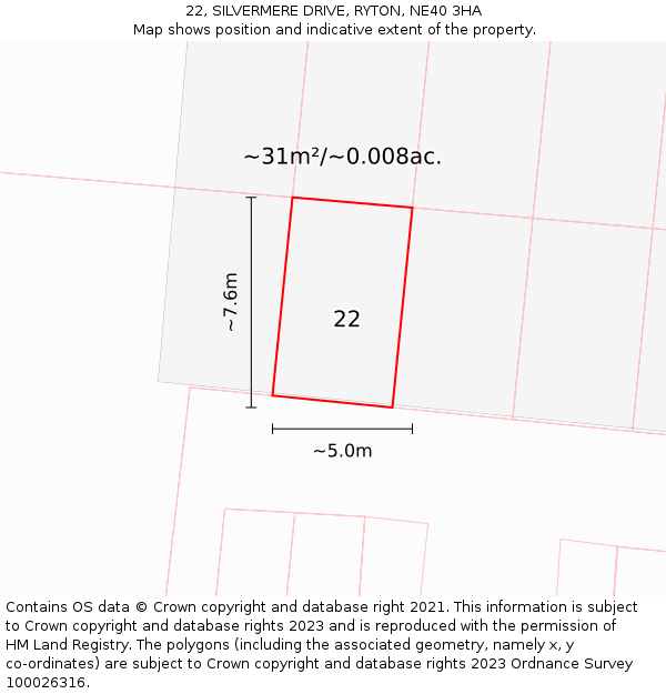 22, SILVERMERE DRIVE, RYTON, NE40 3HA: Plot and title map