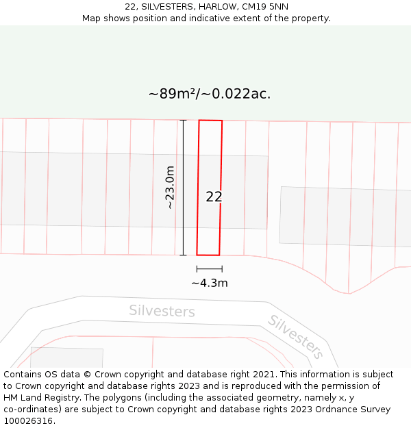 22, SILVESTERS, HARLOW, CM19 5NN: Plot and title map