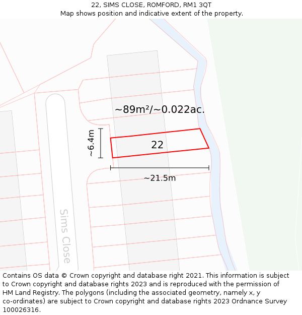 22, SIMS CLOSE, ROMFORD, RM1 3QT: Plot and title map