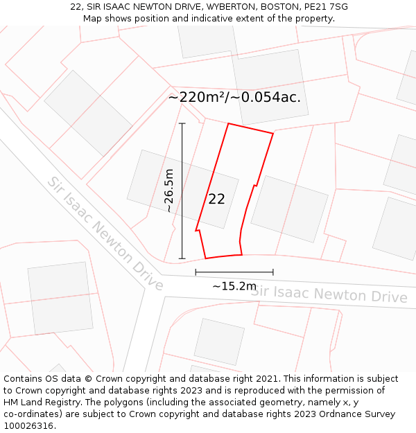 22, SIR ISAAC NEWTON DRIVE, WYBERTON, BOSTON, PE21 7SG: Plot and title map